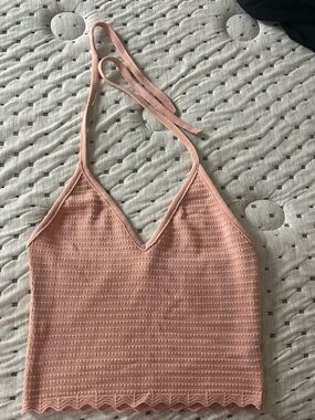 debut Peach Crochet V-Neck Halter Crop Top